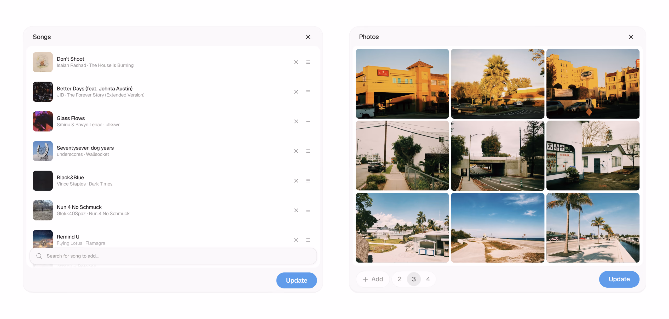 Capsule’s Songs and Photos editing modals side by side: a reorderable songs list and a paginated photo grid with Update buttons.