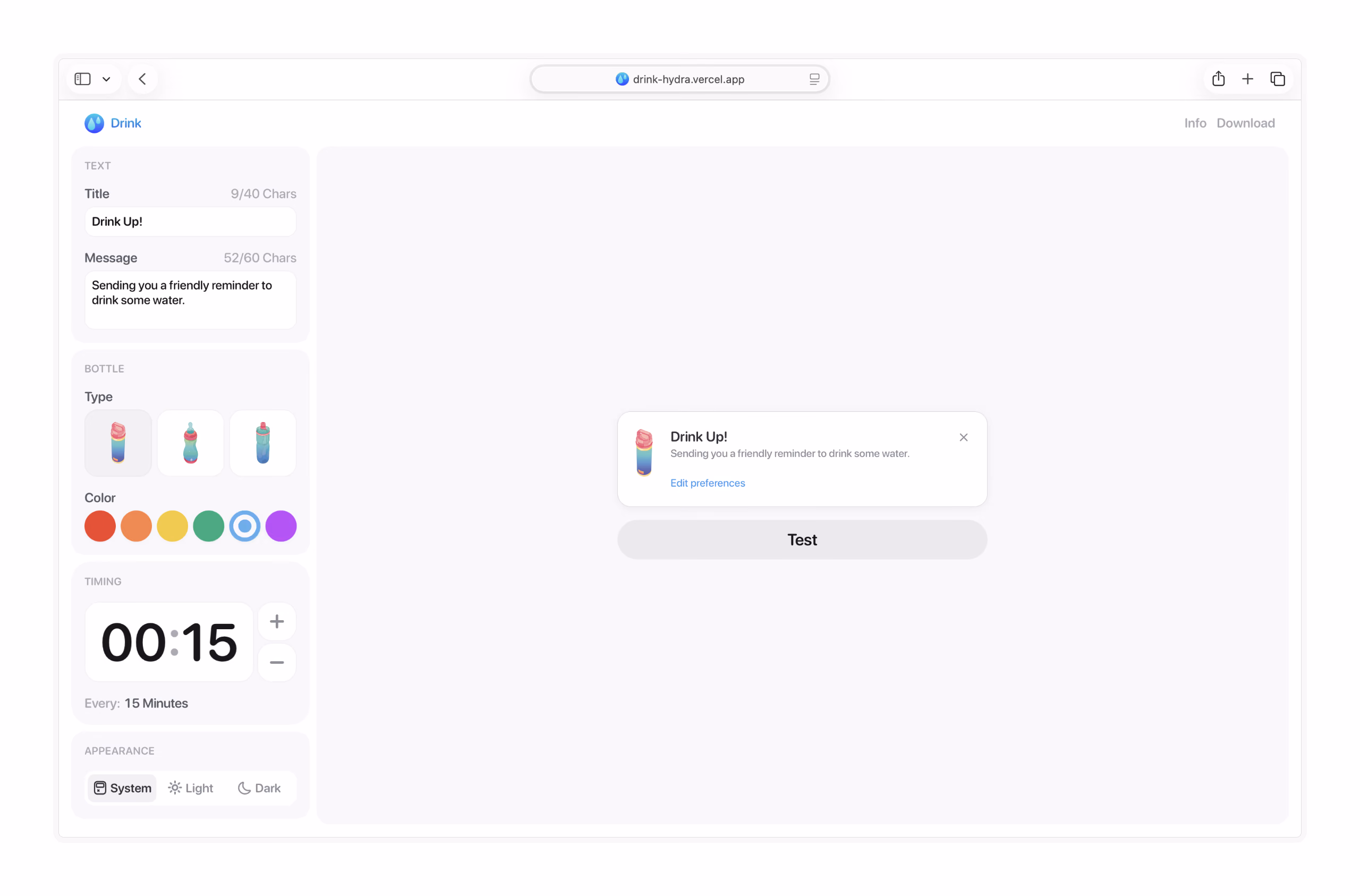Drink’s web demo in a browser window on a white background, with reminder text, bottle, timing, and appearance settings beside a notification preview and Test button.